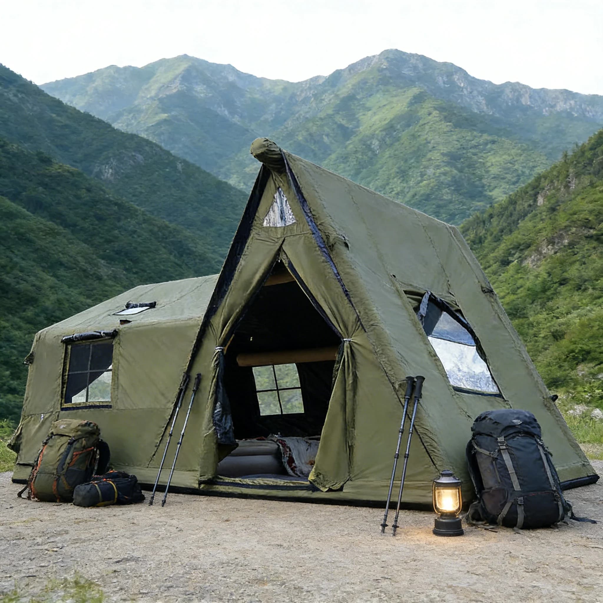 Elegante tenda gonfiabile con un bellissimo aspetto, tenda da campeggio gonfiabile con più porte e finestre per la ventilazione