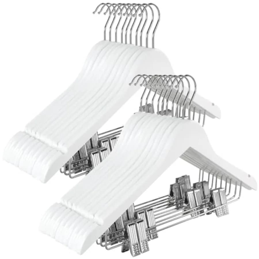 Wooden hanger with adjustable metal clip, 20 pack, smooth solid wood hanger, 360° swivel hook, premium clothes hangers for pants