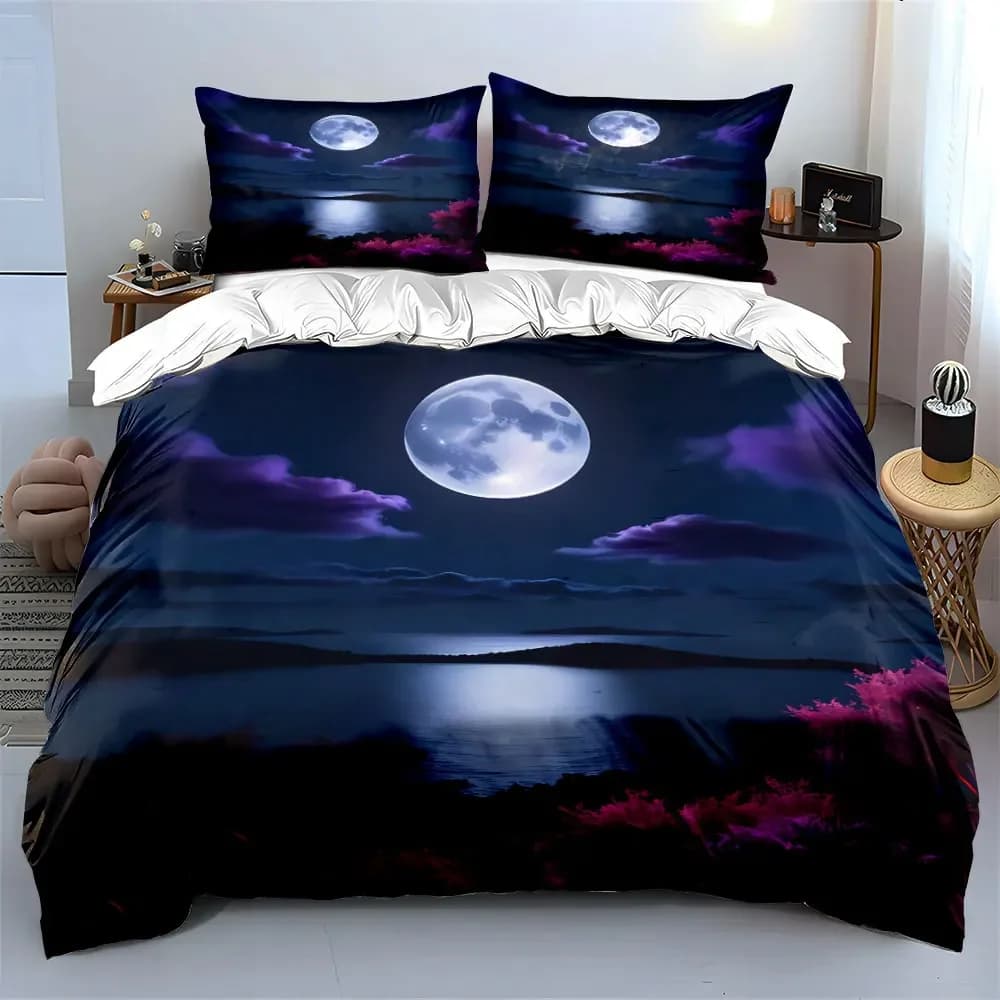 Set di biancheria da letto con copripiumino morbido e confortevole, decorazione paesaggistica notturna al chiaro di luna, include 1 copripiumino e 2 federe, regalo