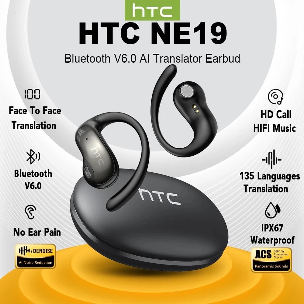 Auricolari AI Translate HTC NE19 Open Ear Wireless Bluetooth OWS Impermeabili Sportivi con Microfono per Chiamate HD a Conduzione Ossea