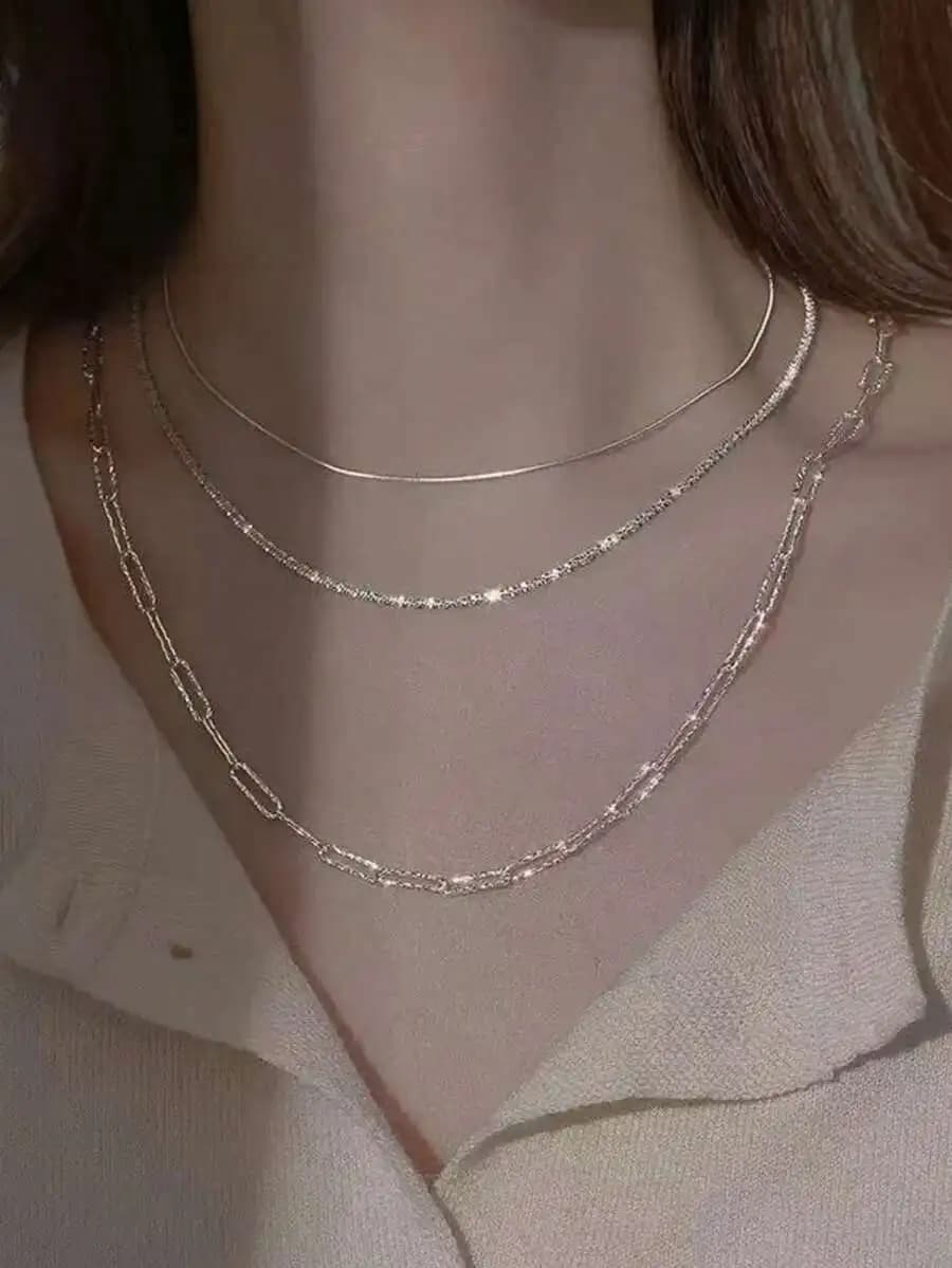 3pcs Layered Chain Necklace Set Simple Shimmering Fashion Jewelry For Women