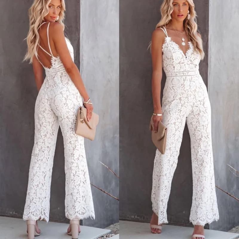 Ladies Elegant Jumpsuits Spaghetti Straps V-Neck Solid Lace Backless Sexy Jumpsuit For Women Simple White Slim Office Rompers