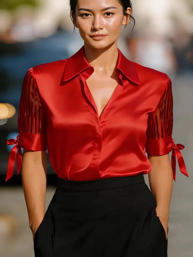 Elegante camicetta in raso con maniche a righe trasparenti e polsini con laccetti, camicia formale da ufficio per donna