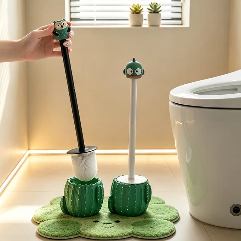 Whimsical Cactus Toilet Brush Set with Cute Animal Handle Resin Holder for Bathroom Decor and Functional Cleaning Supplies