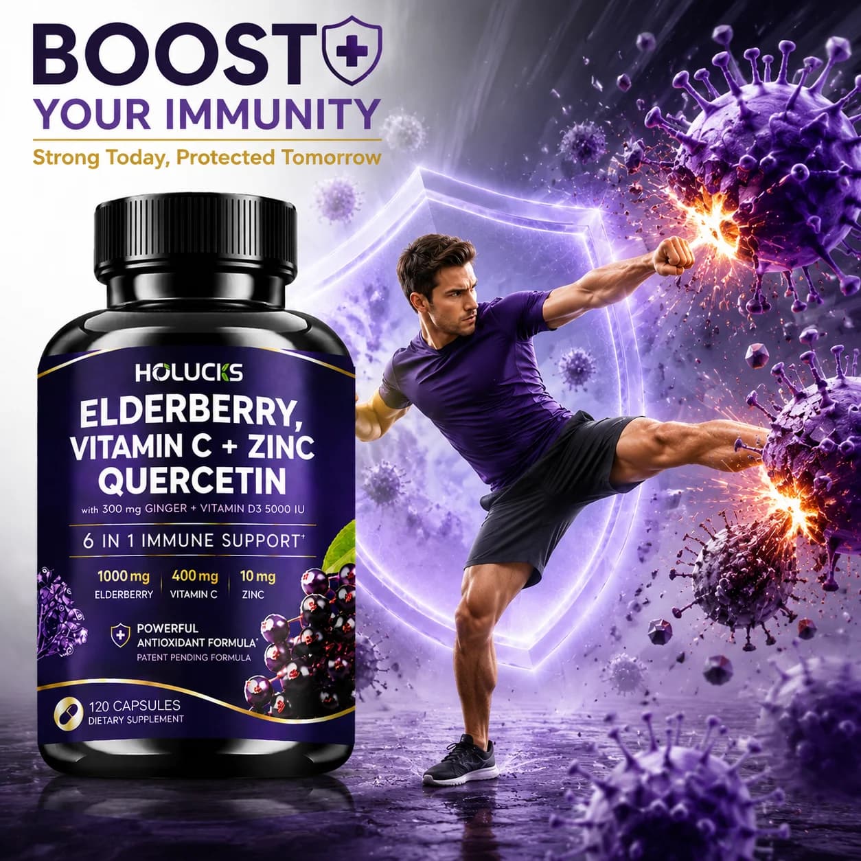 Elderberry Zinc Vitamin D Immune Defense Supplement with Quercetin Ginger, Support Skin, Cellular, Bone & Joint Health, Immunity