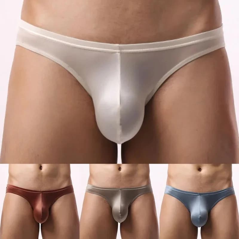 Men Solid Satin-like Ice Silk Stretch Brief Men's Triangular Panties Bulge Pouch Smooth Breathable Underwear Underpants Men