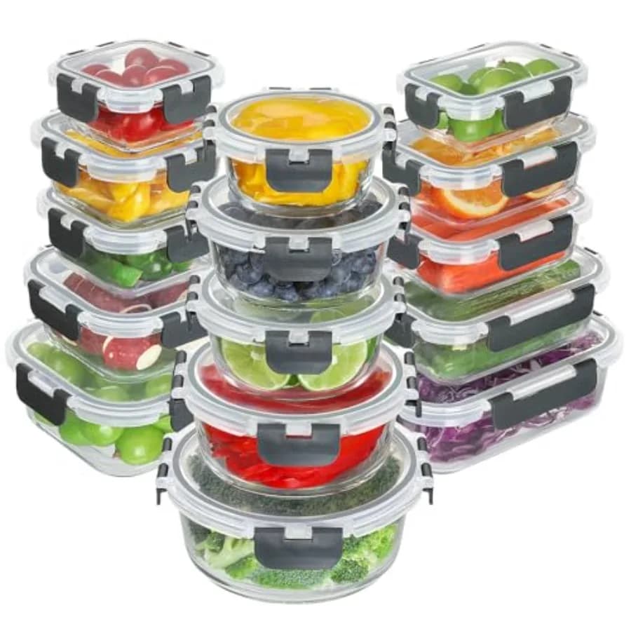 Set of 30 Glass Containers for Foods with Airtight Covers, BPA-Free Lunch Boxes, Suitable for Microwaves and Freezer