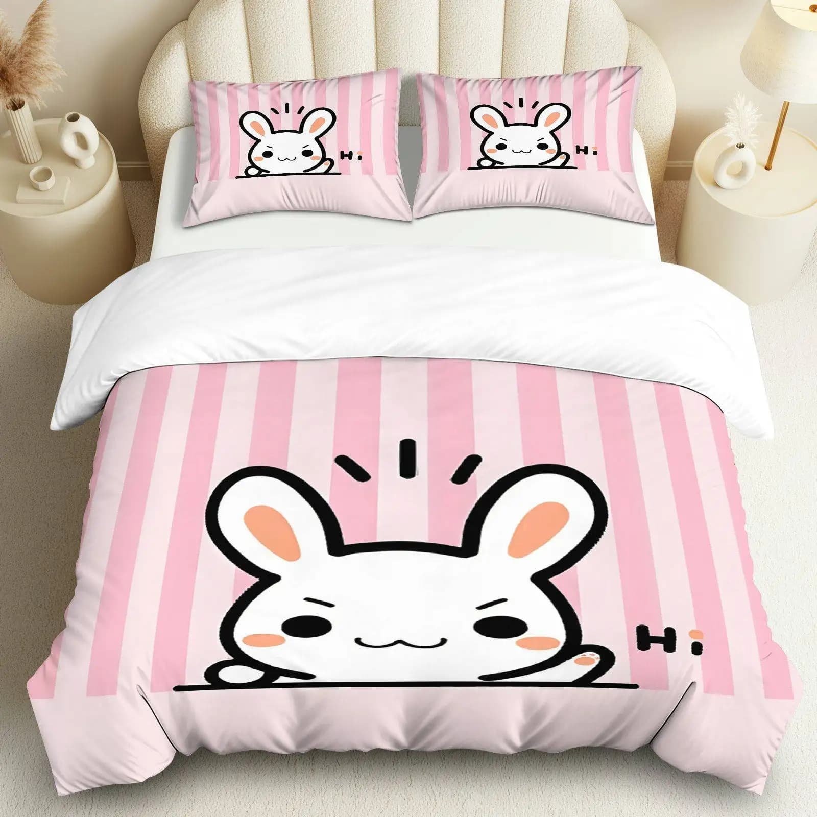 Copripiumino 3 pezzi, 1 piumino + 2 federe (senza imbottitura), design con coniglietto adatto per decorare camera da letto e soggiorno