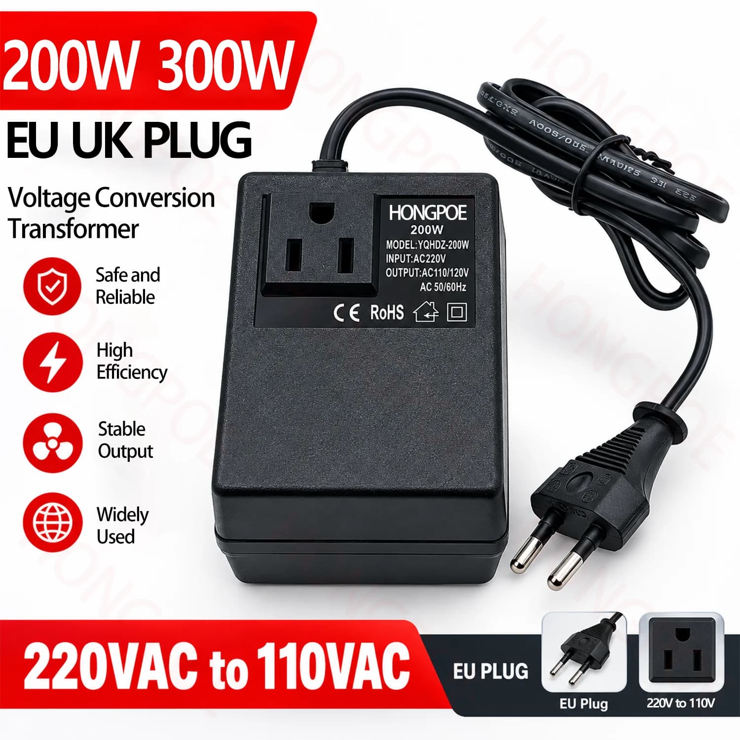 CE Voltage converter 200/300W 220 to 110VAC step-down transformer Inverter EU/UK plug travel for electronic devices home adapter