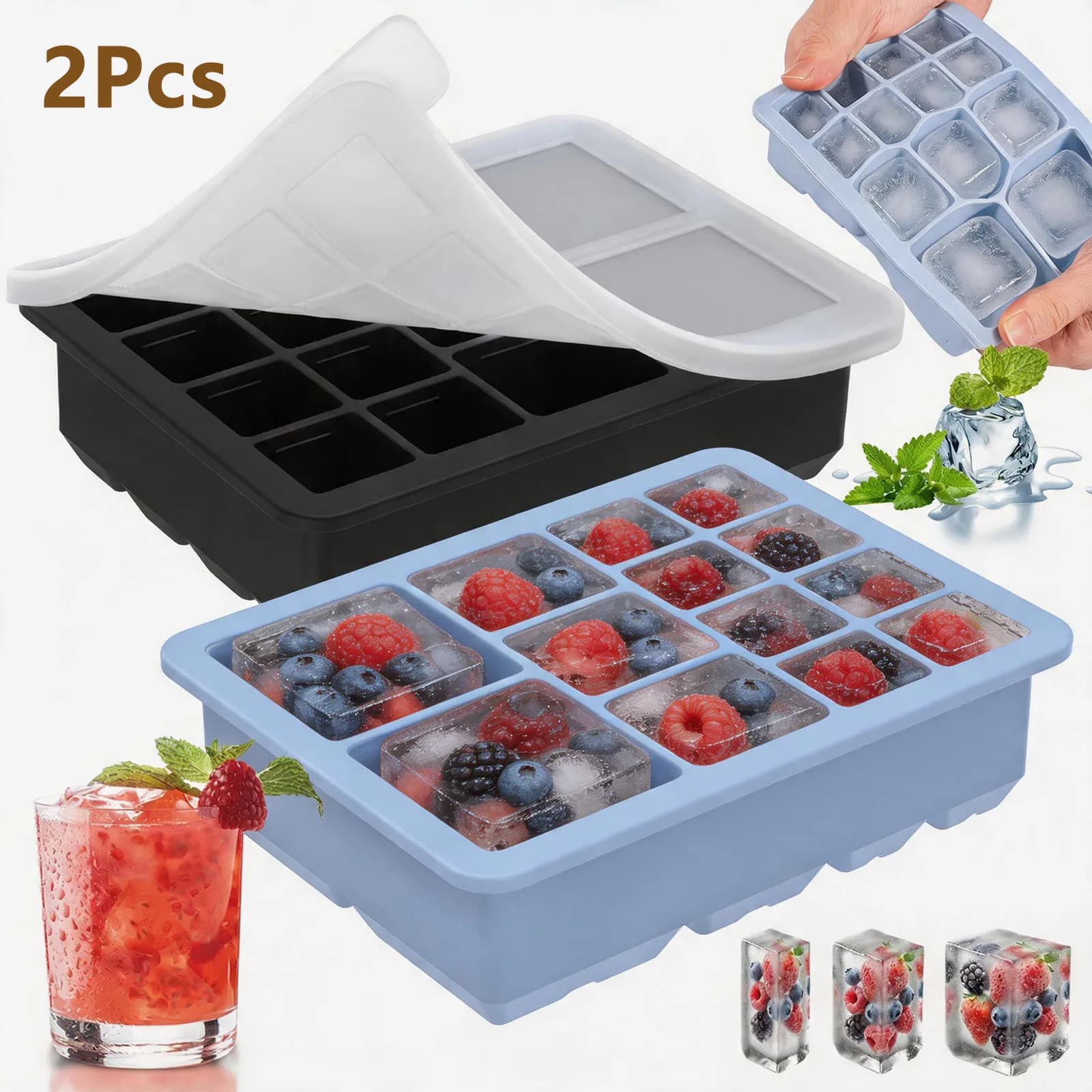 Stampo per Cubetti di Ghiaccio in Silicone Riutilizzabile, Stampi Quadrati per Cubetti di Ghiaccio con Coperchio, per Whisky e Cocktail, Macchina per Ghiaccio Fai-da-Te, Accessori da Bar e Cucina