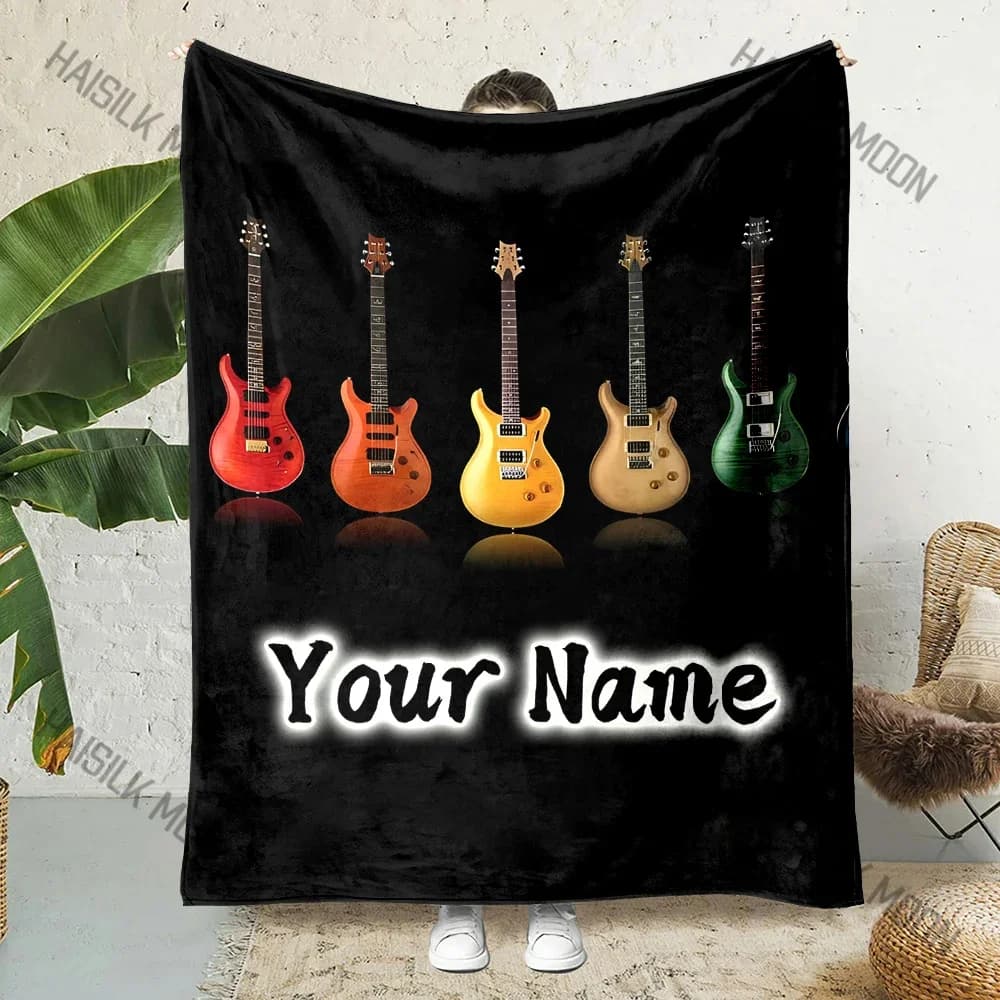 Nome personalizzato Coperta personalizzata Stampa chitarra rock Coperta calda morbida e confortevole per viaggi a casa per adulti e bambini