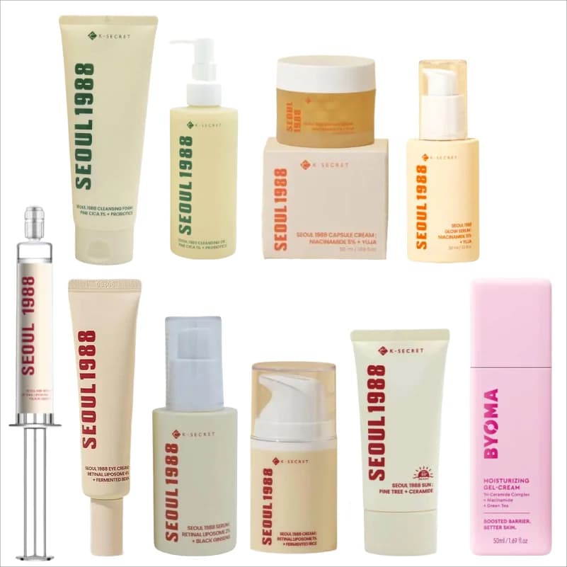 Set of Korean Skincare K-Secret Seoul 1988: Detergent, Lumaca Bava Cream, Retinol Rassodante Cream, Eyes Back to the Ginseng and Niacinamide Essence