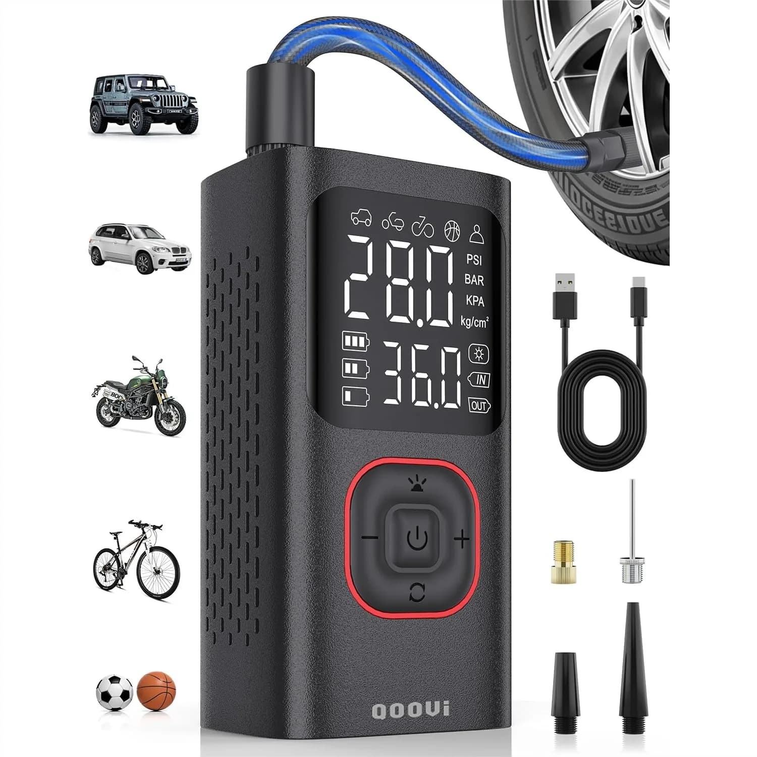 Compressore d'aria portatile per gonfiaggio pneumatici con spegnimento automatico, display digitale, luci LED per auto, bici, moto, palloni - Veloce
