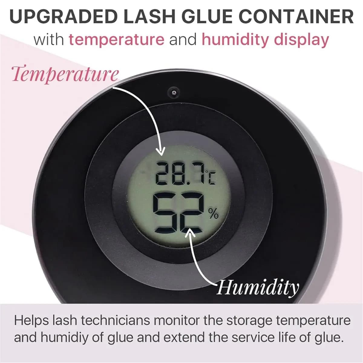 [HOTITEM]Eyelash Glue Storage Container with Digital Display, Temperature and Humidity Monitor, Extensions Adhesive Jar Stand