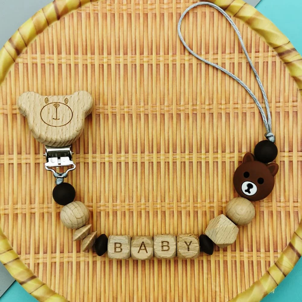 Catenelle Portaciuccio Personalizzate con Nome in Inglese, Clip in Faggio, Giocattoli e Ciondoli Massaggiagengive a Forma di Orsetto, Ciuccio per Neonati, Massaggiagengive Kawaii