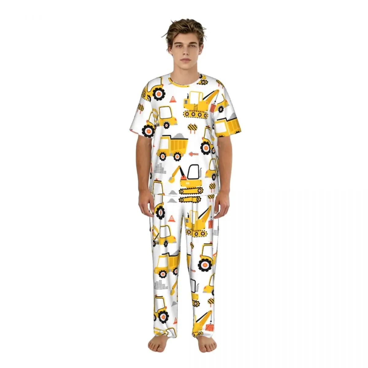 Pigiama Casual da Uomo, Set con Maniche Corte e Pantaloni, Abbigliamento da Notte Maschile con Motivo Camion Cartoon