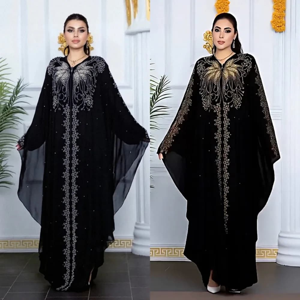 Women's Muslim Dress for Eid, Abaya with Sleeves in Pipistrello, Jalabiya with Diamonds, Moroccan Caftano, Party Dress, Dubai Abaya, Caftano, Long Dress