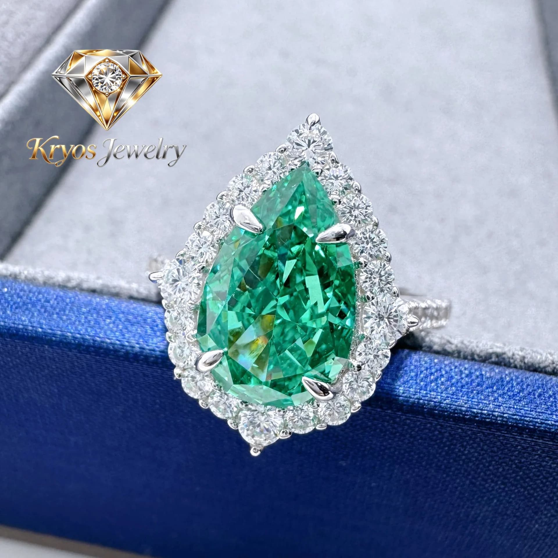 Kryos Jewelry Anello di Lusso in Platino Massiccio PT950 per Donna, Forma a Goccia con Diamante Verde da 3 Carati