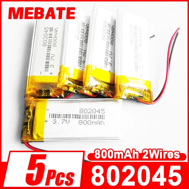 Batteria ricaricabile da 5 pezzi 3.7V 800mAh 802045 per MP3 GPS DVD Registratore Bluetooth Cuffie Fotocamera Smart Watch