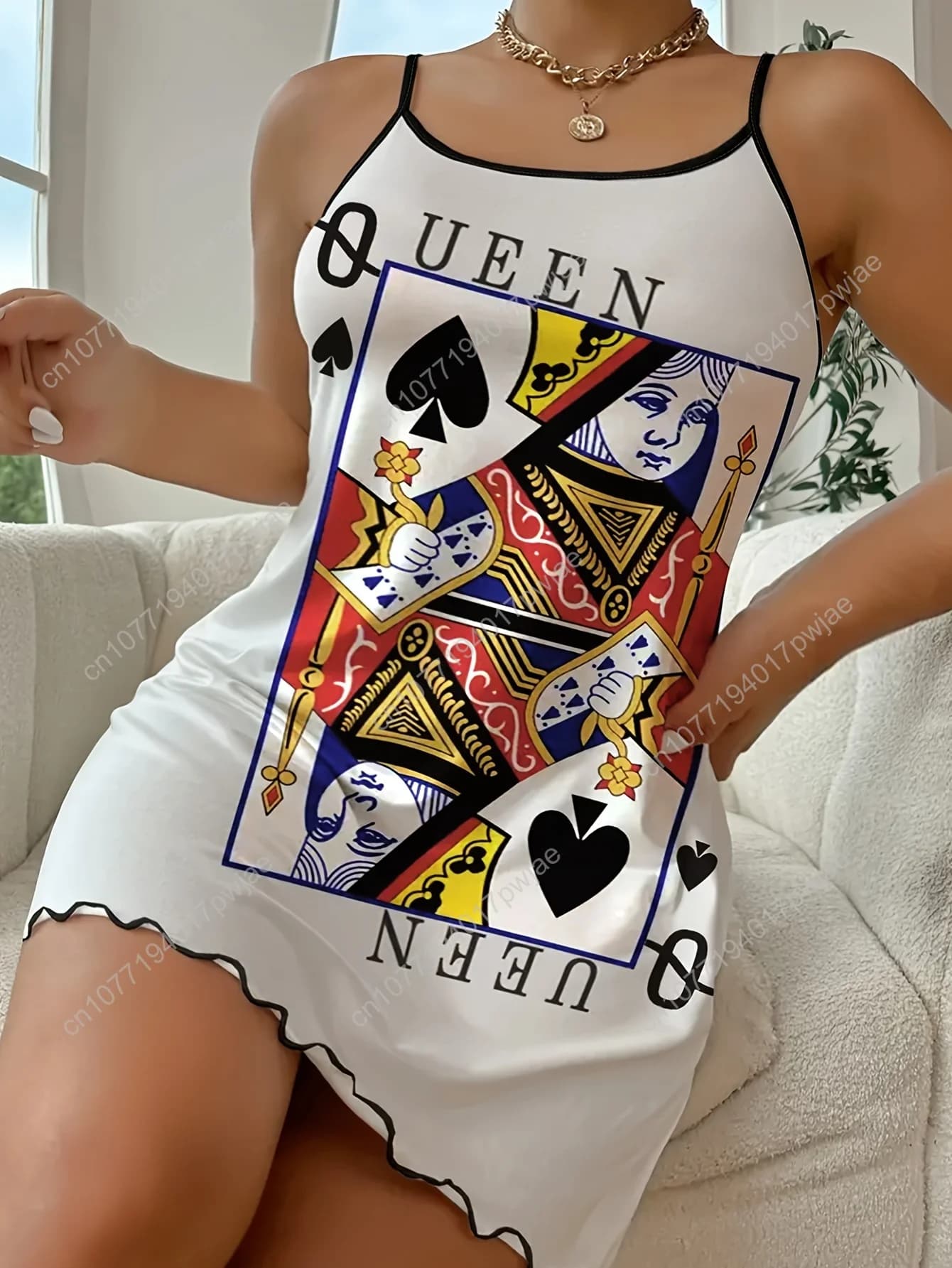 Women's pyjamas with poker print - Random night garments strong sizes with strap with uncovered shoulders and crew neck