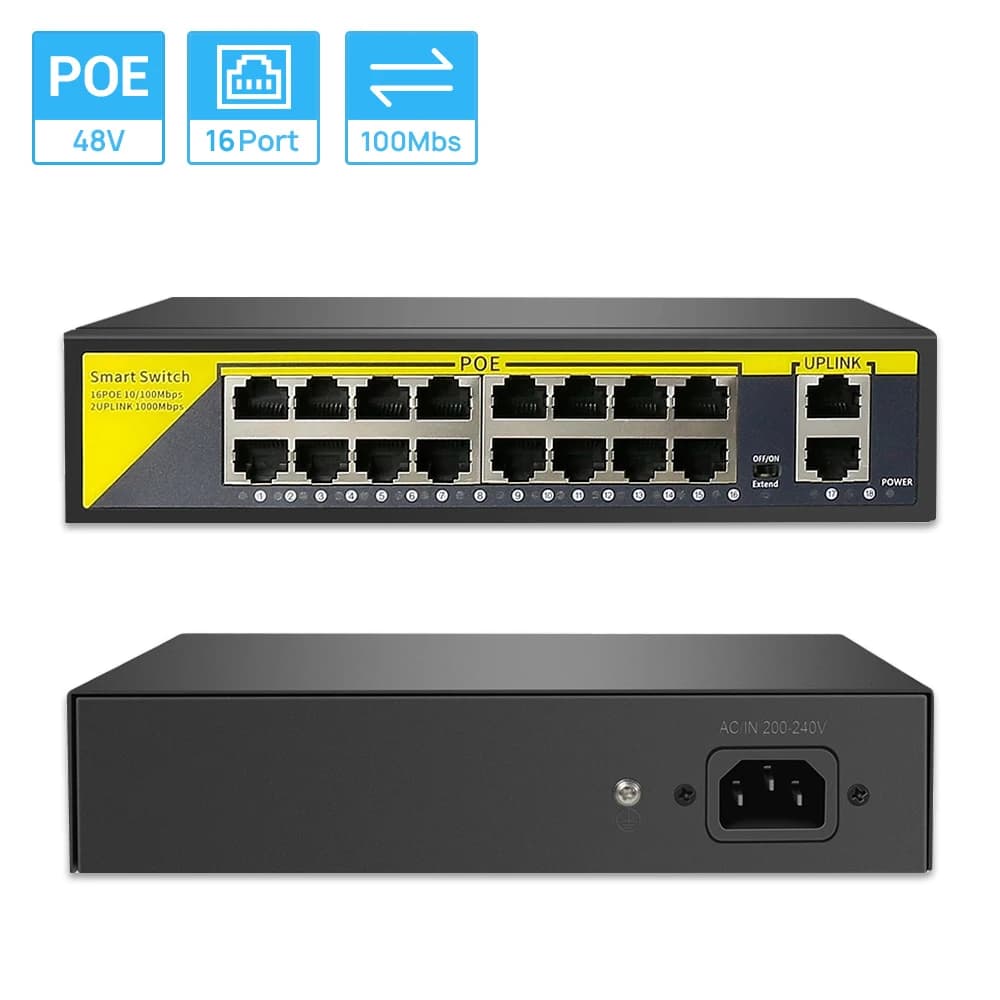 Switch POE 16CH con 2 Porte Ethernet Uplink + 16 Porte POE IEEE802.3af 10/100Mbps POE48V per Telecamere IP, NVR, Sistema di Sicurezza CCTV