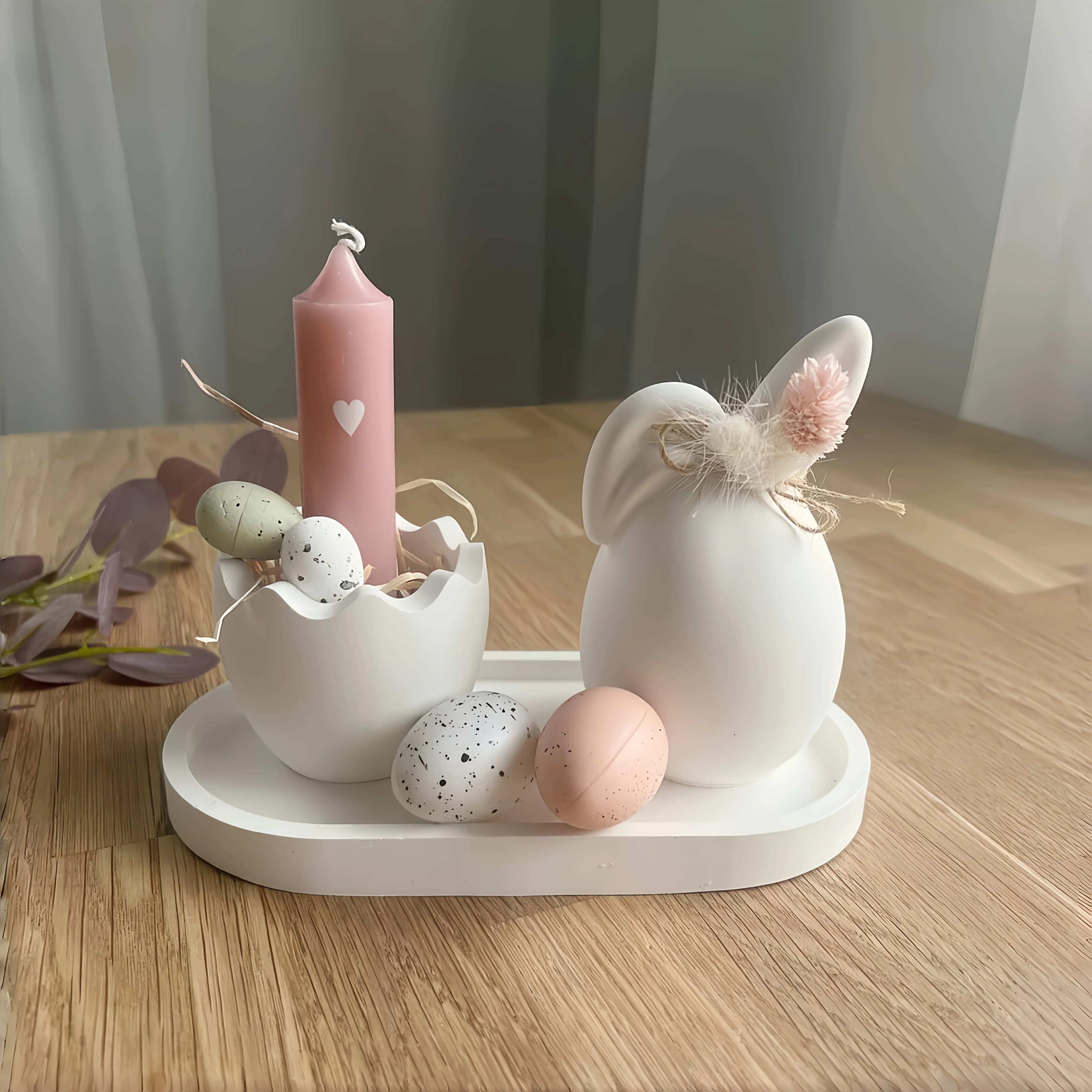 Set di stampi in silicone da 3 pezzi | Decorazione pasquale Conchiglia per uova, vassoio ovale, coniglio, stampi per tazze di candele per artigianato in cemento e decorazioni per la casa