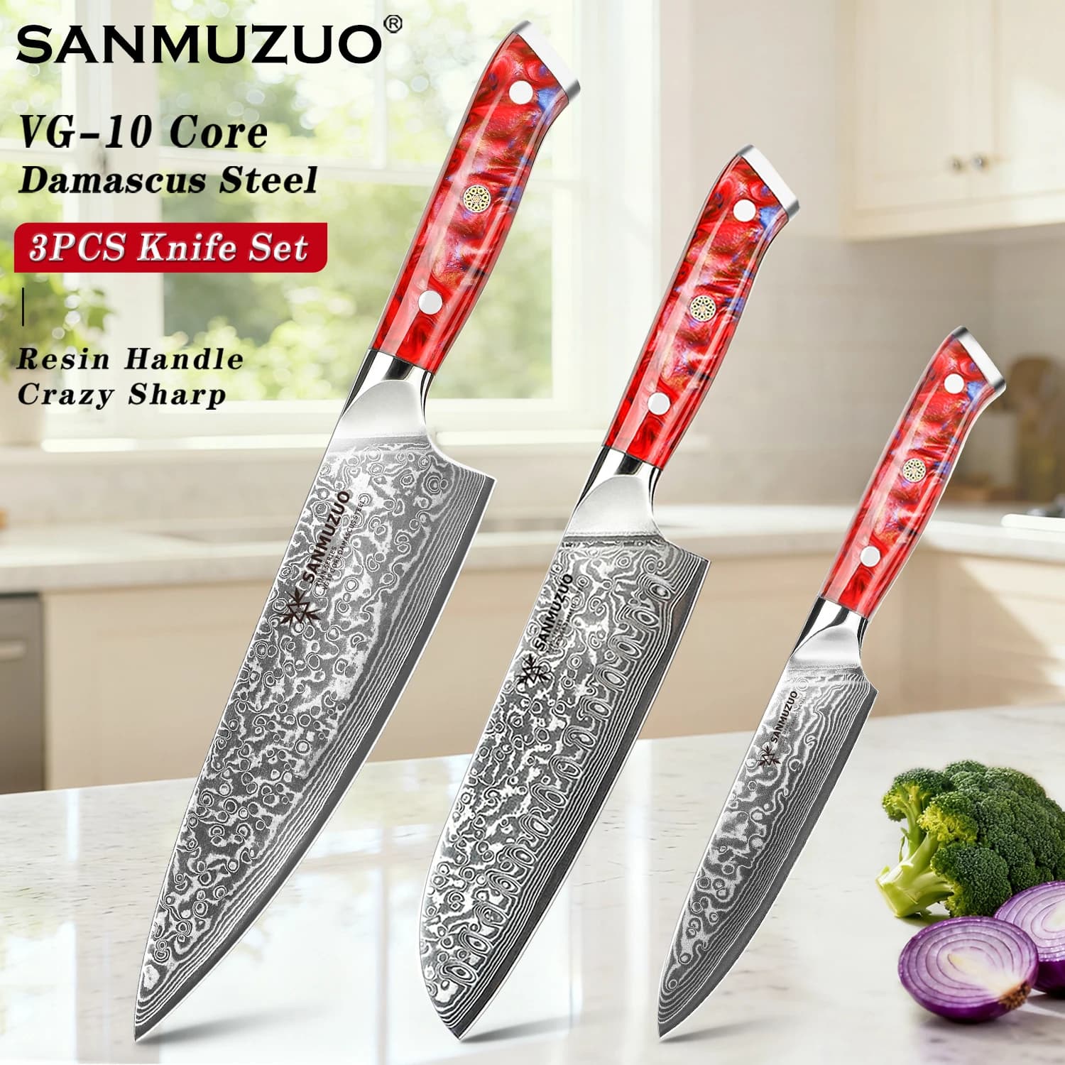 SANMUZU Kitchen knives set 3 pieces -XUAN Serise -Damascus Steel Chef,Santoku and multipurpose knife - Resin handle - Sharp knifes for cooking