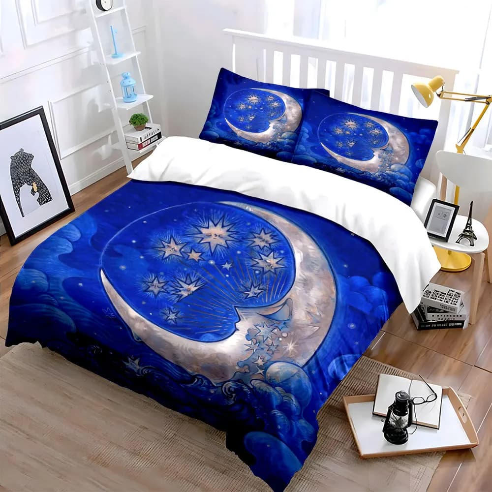 Set di biancheria da letto con decorazioni notturne a tema luna e stelle, con 1 copripiumino e 2 federe, singolo, matrimoniale, king, queen, idea regalo