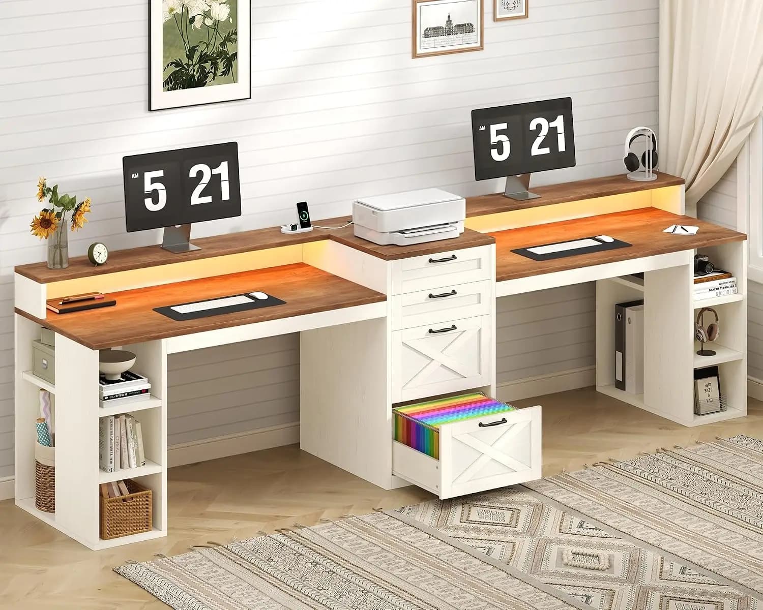 94" 2 Person Desk with Drawers, Home Office Computer Desk with Storage & Monitor Stand, LED Lights, Brown White, Customized