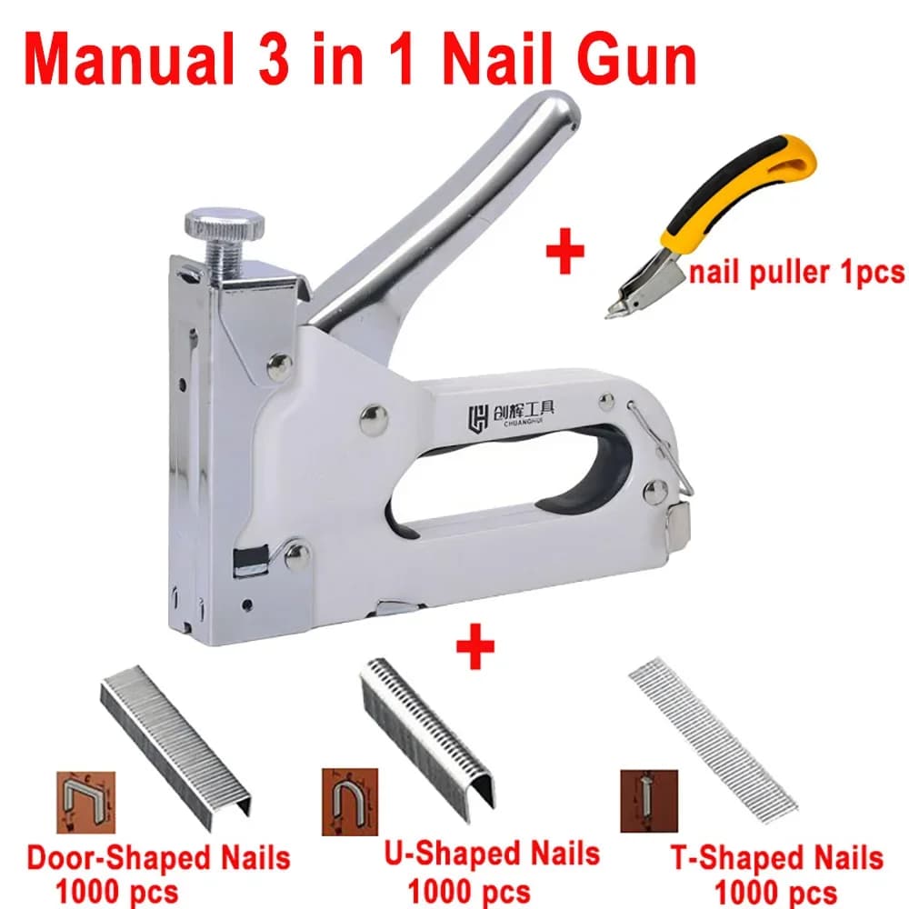 Cucitrice manuale per costruzione di pistola sparachiodi 3 in 1 per mobili Cucitrice per tappezzeria in legno Pistola per chiodatura universale Strumenti per la lavorazione del legno