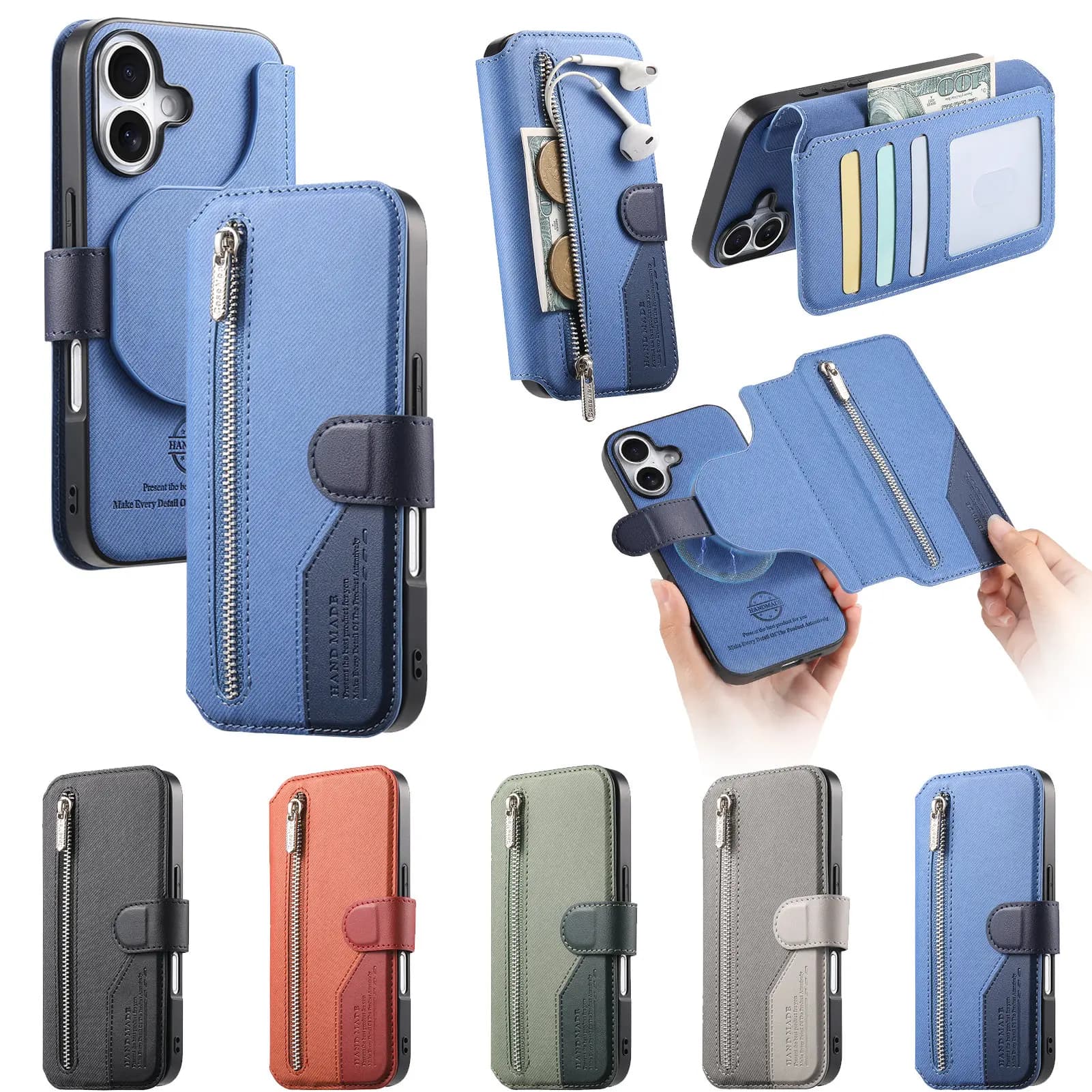 Custodia a Portafoglio in Pelle con Cerniera e Ricarica Wireless 2-in-1 per OPPO Reno 14 Pro 13F 13, Blocco RFID, 2 Scomparti per Carte, Cover Rimovibile