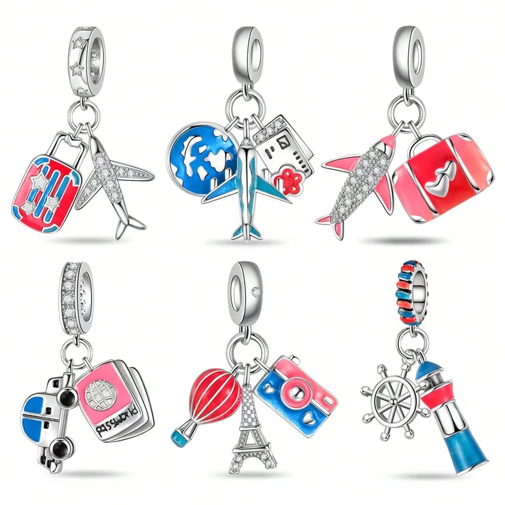 2025 Hot Sale Charms Bead 925 Sterling Silver Women's Travel luggage Camera Fit Bangle Bracelet Necklace DIY Jewelry