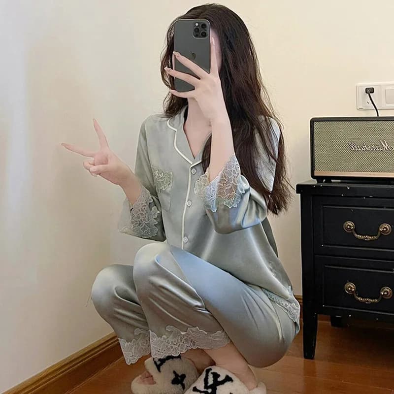Spring and Autumn New Women's Ice Silk Pajama Home Clothes Set Lace Splicing Pajama Home Clothes Long Sleeve Long Pants Set