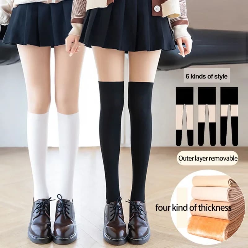 Collant da donna invernali Due strati di velluto caldo con bottoni in pile spesso staccabile Collant al ginocchio falso Calze patchwork femminili