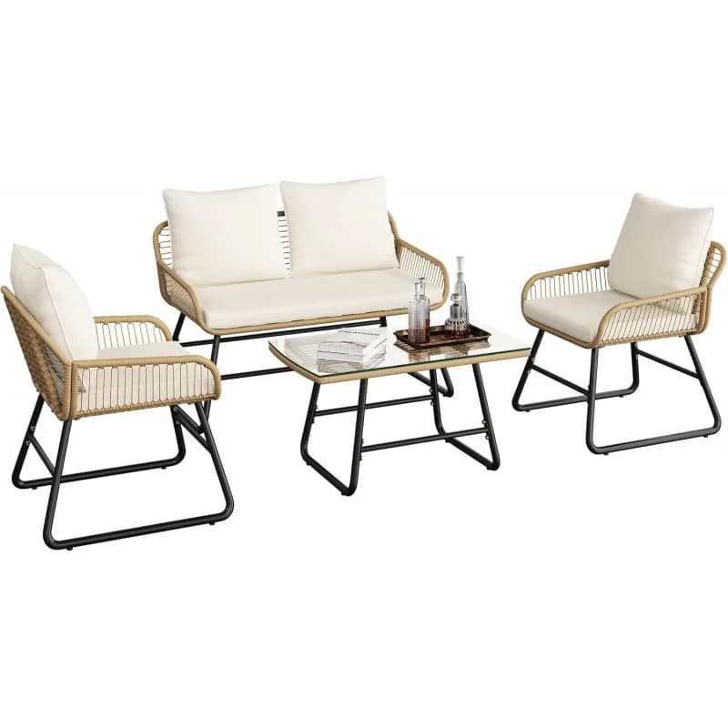 Set da conversazione da esterno in vimini stile Boho a 4 pezzi, con divanetto, poltrone, cuscini, guanciali e tavolo in vetro, per patio e terrazza, resistente a tutte le condizioni atmosferiche