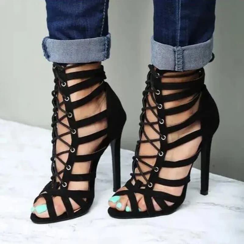 Summer Women Sandals Black Suede Cut-outs Cross Strap Heels Roman Sandals Gladiator Peep Toe High Heel Female Dress Shoes