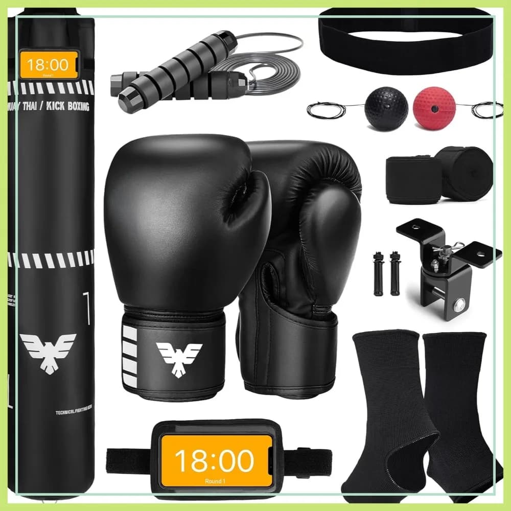 Set Sacco da Boxe Muay Thai da 1,8 m con Guanti, Fasce per Mani e Palla Riflessiva - Sacco Pesante Vuoto da 45 kg per Kickboxing, MMA