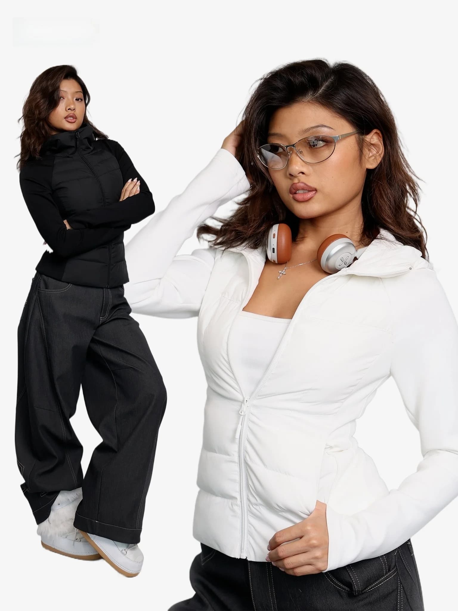 Warmth Short High Collar Splicing Slimming Black Cotton Jacket Fcii Brand Women's Fashion Spring Zipper Closure Long Sleeve Coat