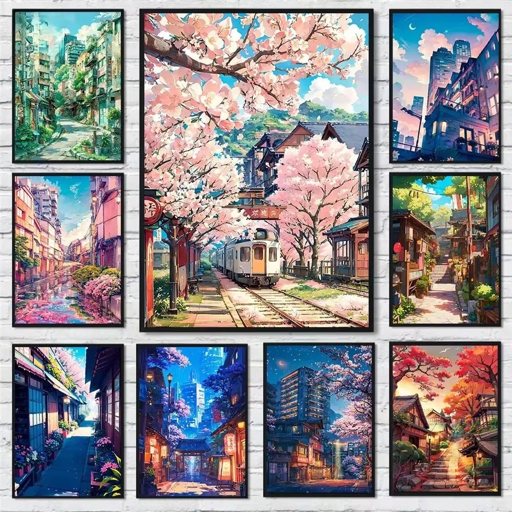 Kit Pittura Diamante Fai da Te Mosaico Fiori di Ciliegio Quadri Artistici Punto Croce Accessori Decorazioni Casa Scenari Stradali Giapponesi