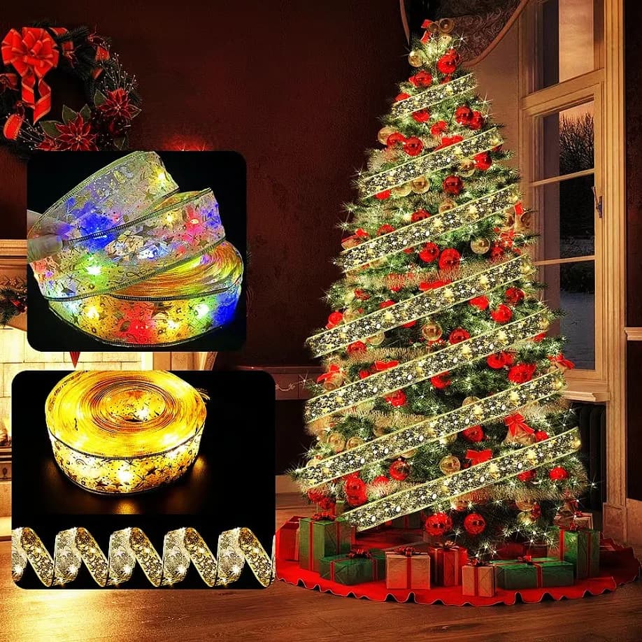 LED Fairy Light String Christmas Ribbon Copper Wire Lights Battery Powered Christmas Tree Wedding Bedroom Gift Box Decoration