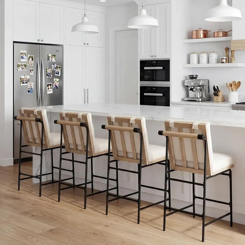 Set di 4 Sgabelli da Bar in Lino con Schienale, Sedie Comode per Bancone, Gambe in Metallo, Adatte per Isola Cucina o Sala da Pranzo