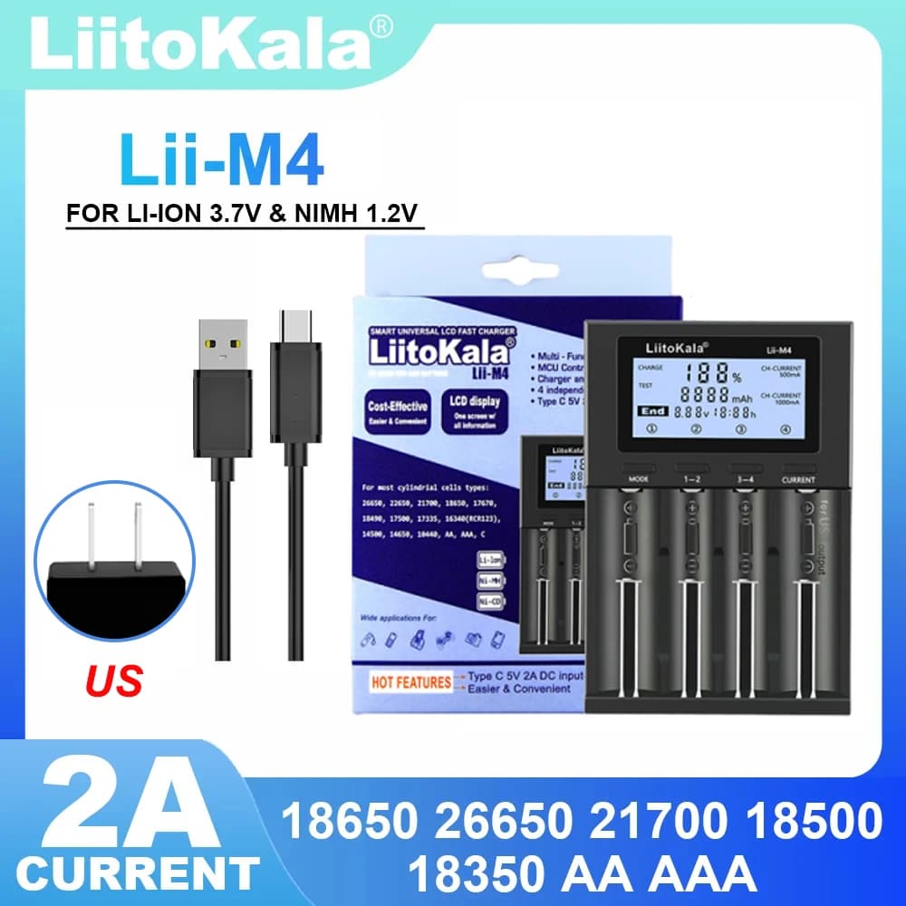 Caricabatterie LiitoKala Lii-M4 5V con spina EU AU UK US per batterie 3.7V 18650 26650 21700 14500 18350 17500 1.2V AA AAA A C