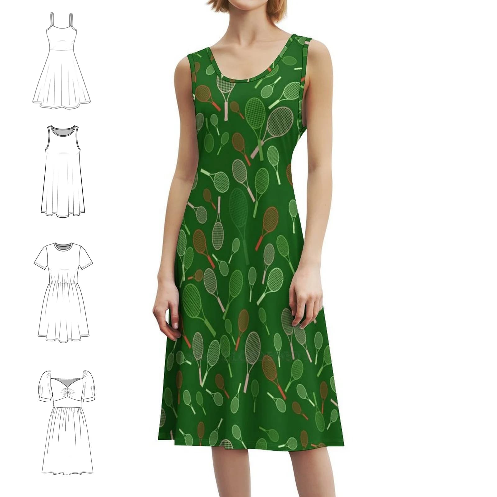 Tennis racks Print on green background Korean casual dress for women Simple women's dresses daily office tennis racks