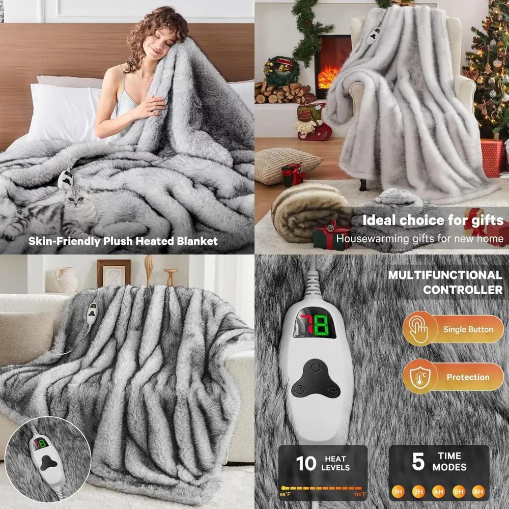 Coperta elettrica doppia in pelliccia sintetica 60x80 con 10 impostazioni di calore e spegnimento automatico di 8 ore, peluche e accogliente per l'inverno