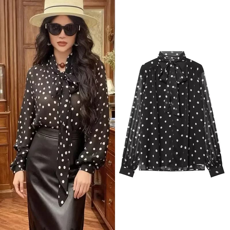 Camicia da donna a pois con sciarpa al collo, scollo a V, manica lunga, top leggero, camicetta da donna, camicie e bluse femminili
