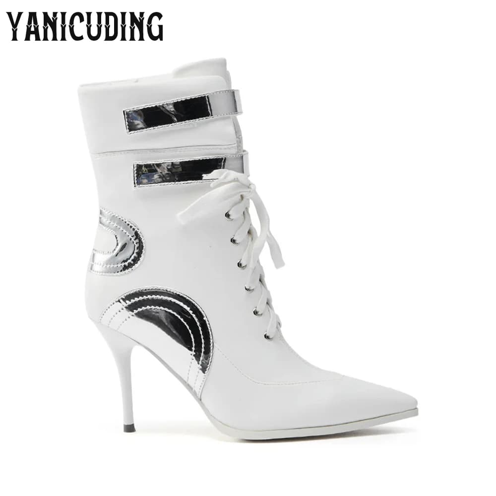 Silver and White Sporty Booties Silver Metallic Velcro Straps Lace up Boots Pointed Toe Fashion Style Stiletto Boots for Women