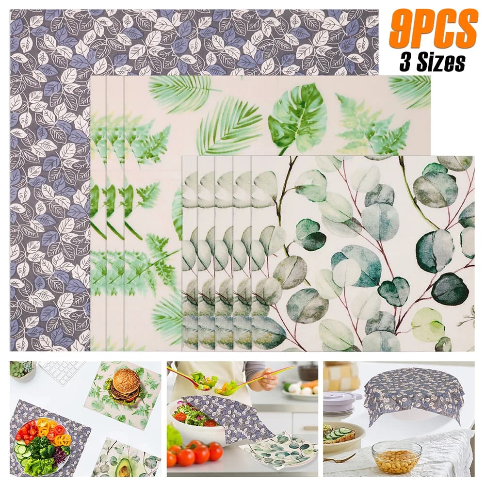 Set di 9 Involucri Alimentari in Cera d'Api, 3 Misure, Riutilizzabili, Naturali, Multiuso, in Cotone Biologico Cerato, per Cucina e Picnic