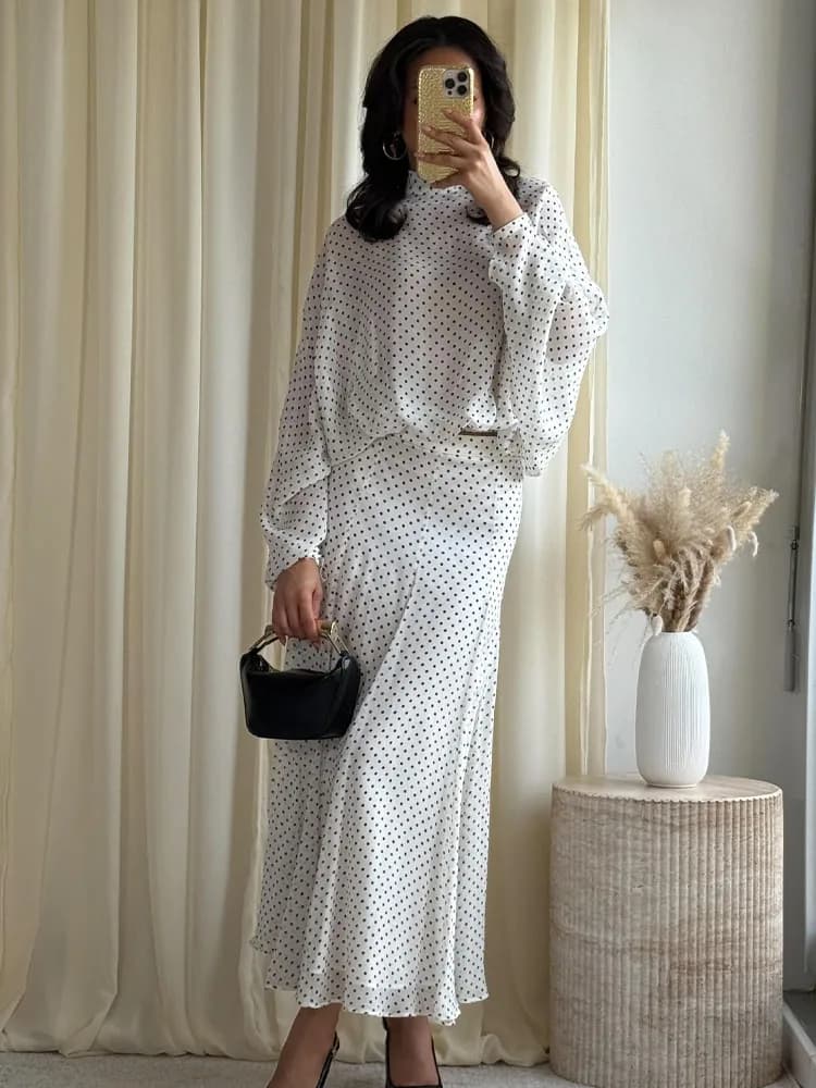 HH Women's Spring Fashion Long Sleeves Shirt with decoration with bow + Long skirt with polka dot decoration Women's casual set in two pieces