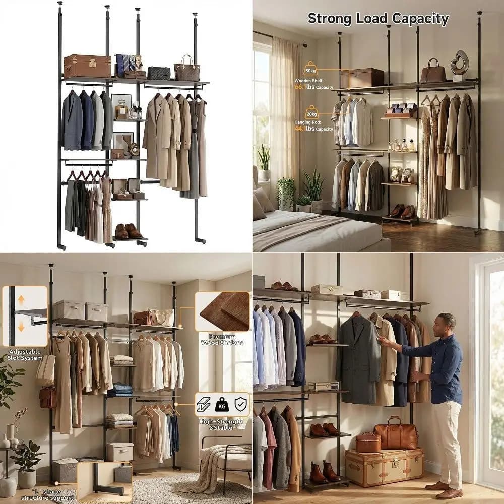Closet Organizer System, Freestanding Closet System with Wood Shelves amp Hanging Rod, Adjustable FloortoCeiling Open Wardrobe