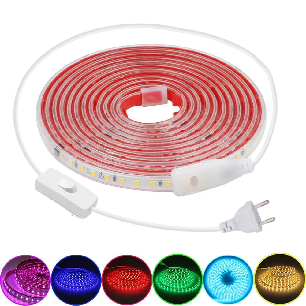 Striscia LED sottile 220V Plug In 120 LED/M Nastro adesivo flessibile tagliabile da 10 cm per armadio camera da letto Casa Blu Rosso Verde Giallo